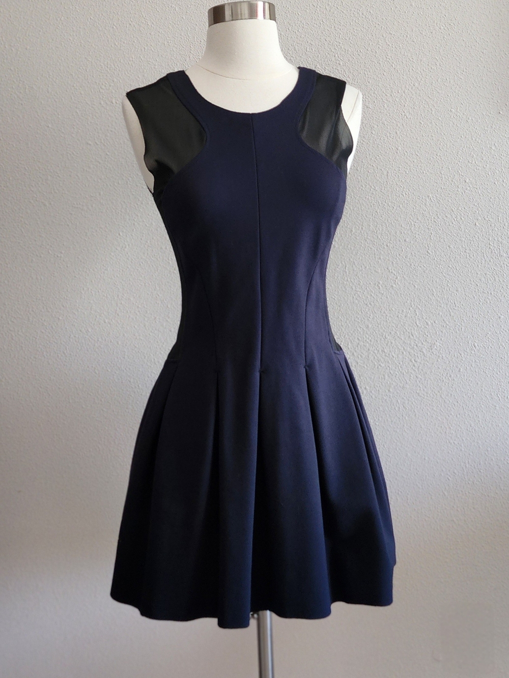 Maje Navy Fit-and-Flare Dress with Black Mesh Panels